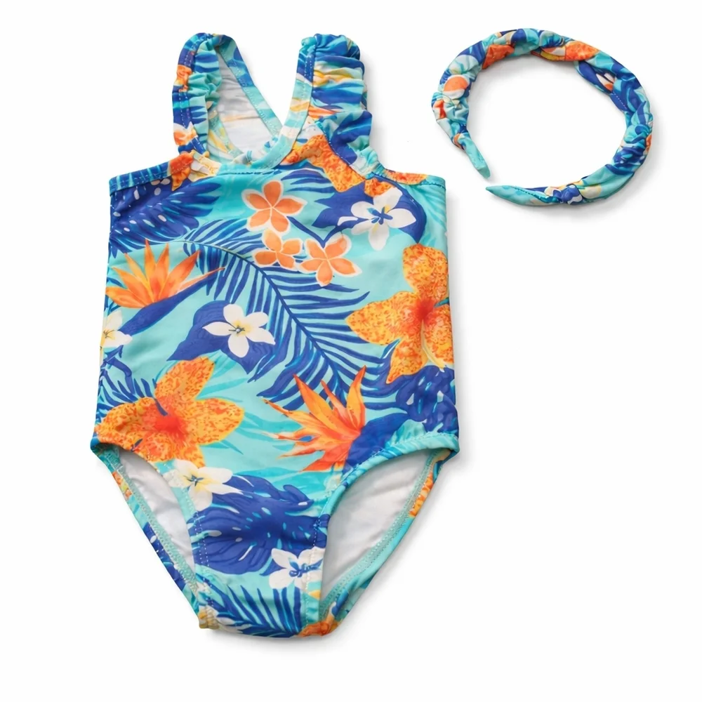 :The Children’s Place Girls Tropical One Piece Swimsuit with Matching Headband